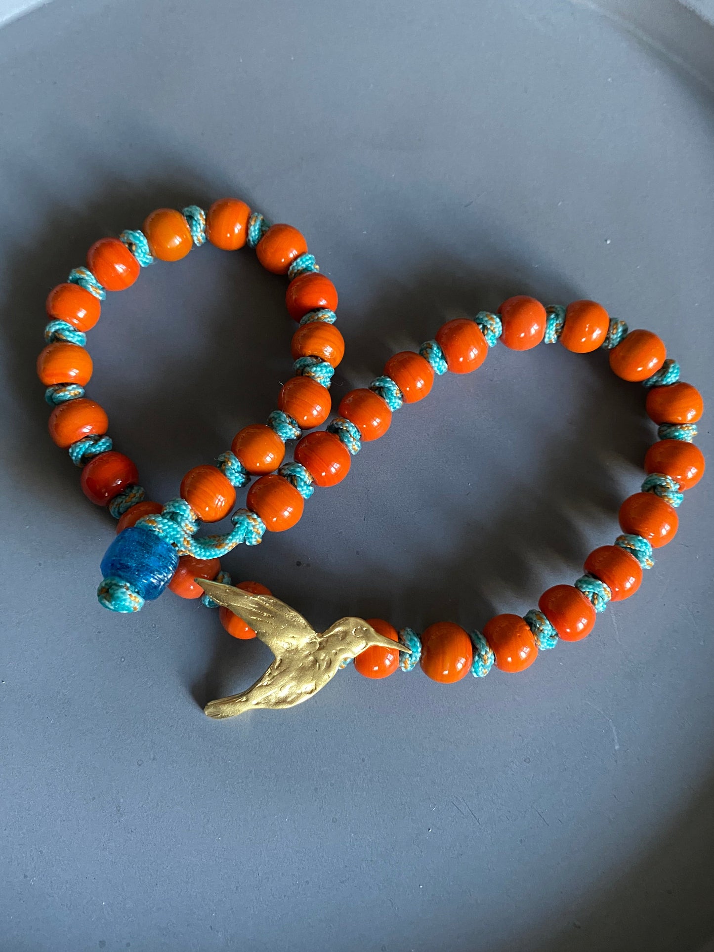 Turuncu Boncuk Pirinç Kuş Kolye