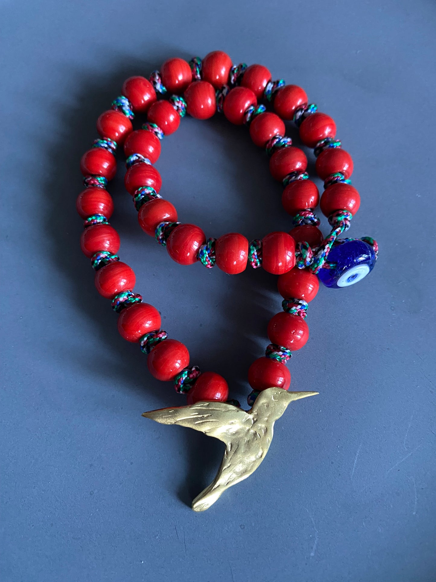 Kırmızı Boncuk Pirinç Kuş Kolye